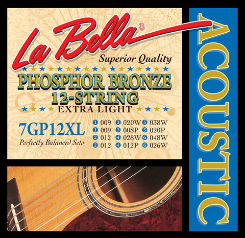 La Bella 7GP-12XL Phosphor Bronze Extra Light Gauge 12-String Acoustic Guitar Strings